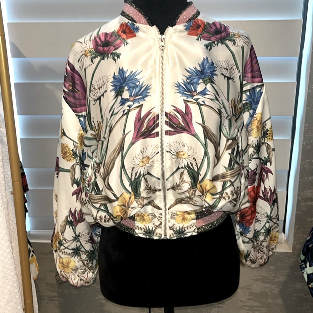 Anthropologie Elevenses Rubie Multicolor Floral Full Zip Bomber Jacket, size S